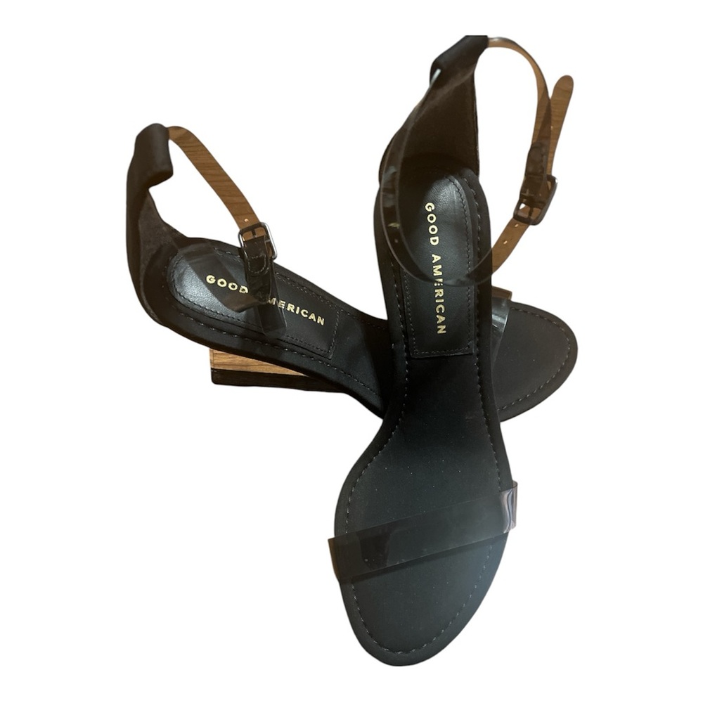 Good American Women’s Open Toes Black Sandals Wedge Crystal Heels Suede Size 9